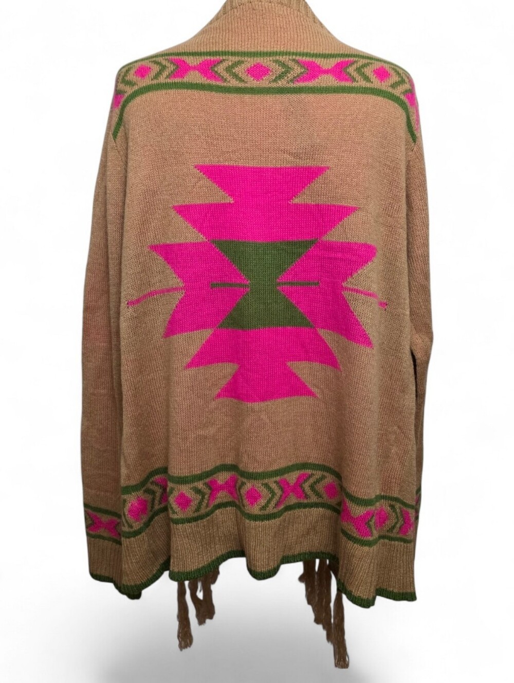 A heero Camel Sweater Poncho with Hot Pink & Olive Aztec Motif